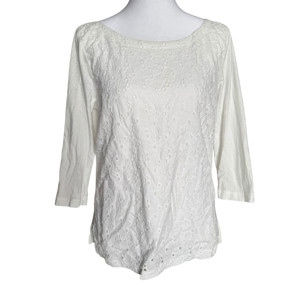 J.Crew White Eyelet Embroidered 3/4 Sleeve Blouse with Back Ribbon Tie Size S